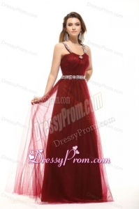 Inexpensive Empire Square Tulle 2014 Long Prom Dress with Beading