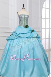 Light Blue Strapless Sequins and Taffeta Flowers Quinceanera Dress