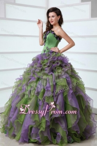 Multi-color Strapless Appliques and Ruffles Quinceanera Dress with Organza