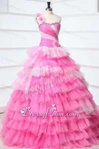 One Shoulder Beading and Ruffles Layered Quinceanera Dress in Pink