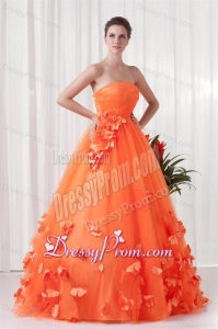 Strapless Orange Red A-line Quinceanera Dress with Hand Made Flowers