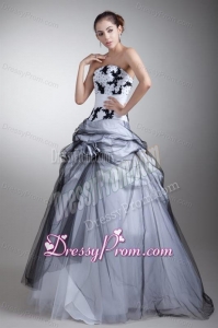 White and Black Strapless Appliques and Flowers Quinceanera Dress