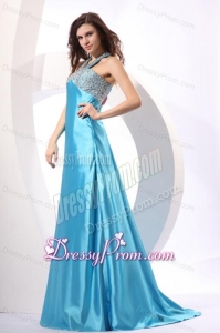 A-line Aqua Blue Halter Top Neck Beading Prom Dress with Sweep Train