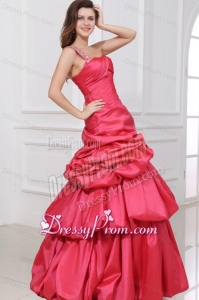 A-line Beaded Decorate One Shoulder Floor-length Prom Dress in Coral Red