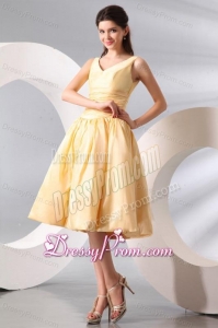 A-line Light Yellow V-neck Knee-length Ruching Prom Dress