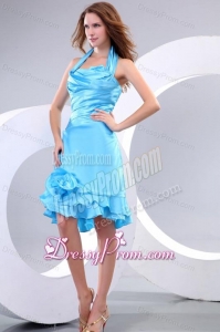 Baby Blue Halter Top Ruching Hand Made Flowers Prom Dress