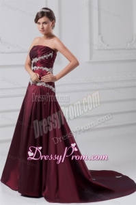 Burgundy A-line Prom Dress with Appliques Chapel Train