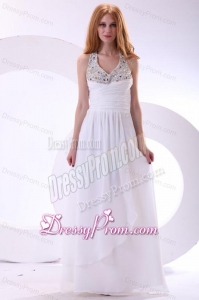 Chiffon Halter Top Beaded Empire White Prom Dress