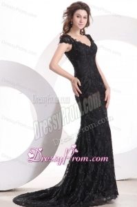 Lace Black Column V Neck Brush Train Prom Dress with Zipper Up