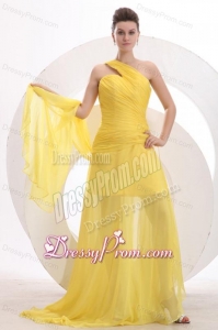 One Shoulder Chiffon Yellow Ruche Prom Dress with Watteau Train