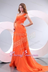 Orange Red One Shoulder Beading and Ruche Prom Dress with Court Train