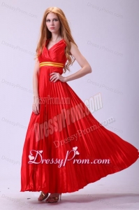 Red Empire V-neck Beaded Decorate Shoulder Prom Dress with Pleats