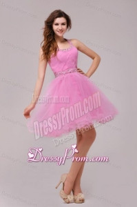 Rose Pink Halter Top Beading and Ruching Prom Dress