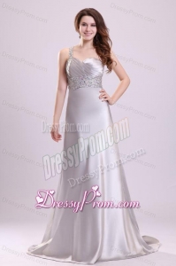 Sexy Column One Shoulder Criss Cross Brush Train Grey Beading Prom Dress