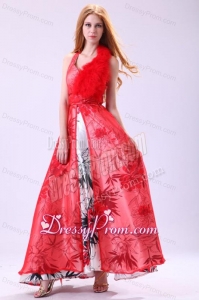 Red Empire Halter Long Beading Chiffon 2014 Prom Dress