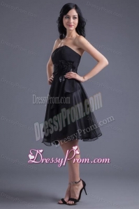 A-line Black Strapless Knee-length Hand Made Flowers Prom Dress