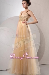 A-line Gold Straps Appliques and Ruching Floor-length Organza Prom Dress