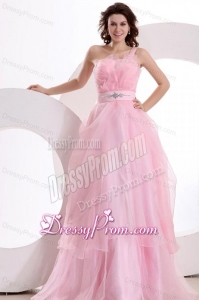 A-line One Shoulder 2014 Organza Pretty Floor-length Beading Prom Dress