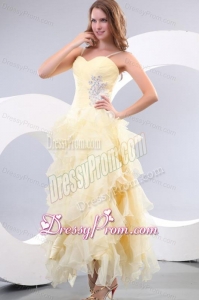 A-line Sweetheart Organza Ankle-length Beading and Ruffles Yellow Prom Dress