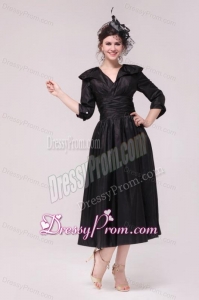A-line V neck Black Tea-length Ruching Prom Dress with Half Sleeves