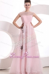 Beautiful Empire Pink Organza Appliques Prom Dress with High Neck