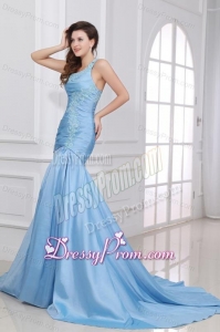 Blue A-Line Sweetheart Taffeta Prom Dresses with Appliques Brush Train