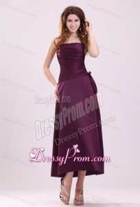 Cheap A-Line Strapless Ankle-length Purple Ruching Prom Dress