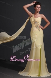 Column One Shoulder Appliques Champagne Watteau Train Prom Dress