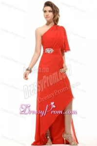 Column One Shoulder Beading High-low Chiffon Prom Dress with Side Zipper