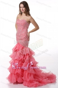 Court Train Mermaid Sweetheart Prom Dress with Beading and Layers