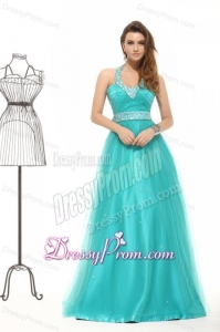 Elegant Aqua Blue Beading A-line Halter Lace Up Tulle Prom Dress