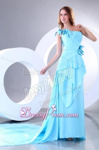 Empire One Shoulder Aqua Blue Watteau Train Prom Dress with Bowknot
