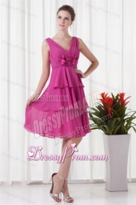 Empire V-neck Knee-length Fuchsia Chiffon Ruching Prom Dress