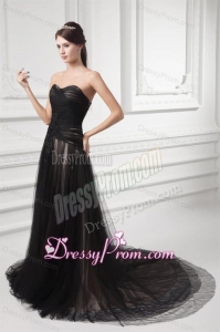 Formal Empire Sweetheart Court Train Black Tulle Ruching Prom Dress