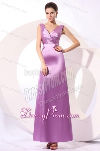 Lavender V-neck Ruching Ankle-length Prom Dress
