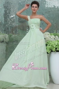 Light Blue Empire One Shoulder Appliques and Ruching Prom Dress