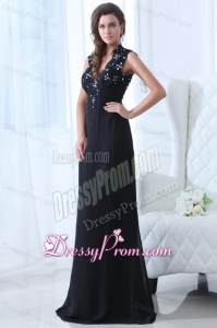 Navy Blue Empire V-neck Floor-length Appliques Chiffon Prom Dress with Open Back