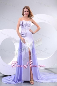 Popula Sweetheart Court Train Elastic Woven Satin Prom Dresses with Beading