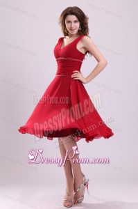 Popular A-line V-neck Prom Dress in Wine Red with Knee-length