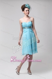 Sweet Strapless Knee-length Empire Blue Chiffon Prom Dress with Beading