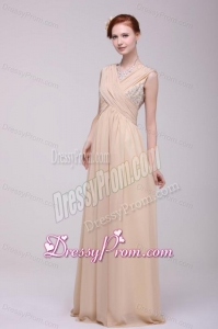 V-neck Empire Chiffon Beaded Decorate Brush Train Prom Dress