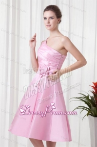 A-line Pink One Shoulder Knee-length Hand Made Flowers Prom Dress