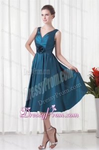 A-line V-neck Teal Taffeta Ruching Knee-length Prom Dress