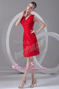 Column V-neck Mini-length Chiffon Red Ruching Prom Dress