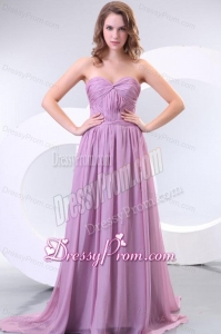 Empire Sweetheart Lilac Chiffon Ruche Prom Dress with Watteau Train