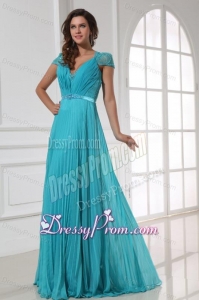 Empire V-neck Floor-length Beading Cap Sleeves Prom Dress with Pleats