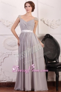 Grey Chiffon Empire Square Prom Dress with Beaded Cap Sleeves