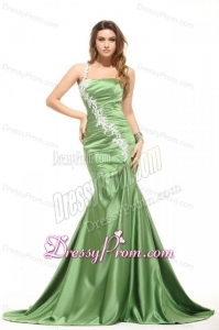 Mermaid One Shoulder Olive Green Prom Dress with White Appliques