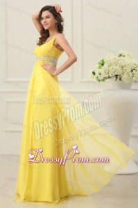 One Shoulder Yellow Empire Chiffon Rhinestone Decorate Prom Dress
