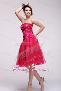 Pretty A-line Strapless Knee-length Beading Taffeta Hot Pink Prom Dress